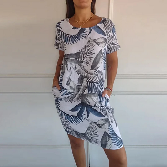Suzy | Katoenen en linnen jurk met ronde hals en print